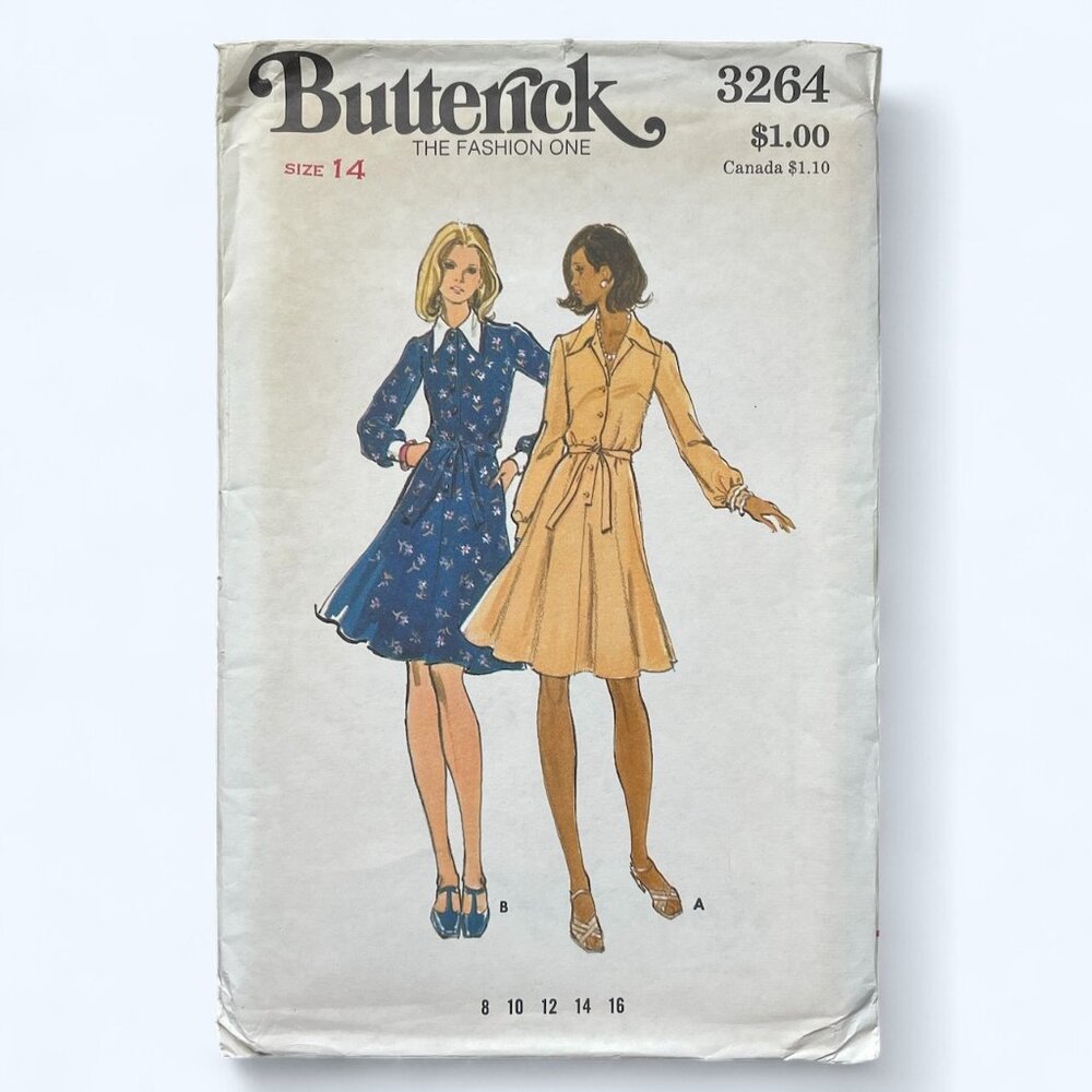 VTG 70s Butterick Sewing Pattern Semi-fitted Dress 3264 Sx 14 FF Uncut